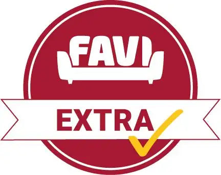 Červené kruhové logo s bílou pohovkou a žlutým zaškrtávacím značkou, značka favi model extra.